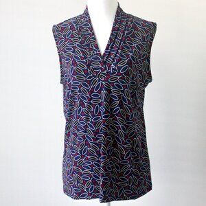 Anne Klein Navy Blue Leaf Red Dot Sleeveless V-Neck Blouse Top Medium